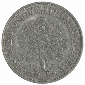 1927 Silver 5 Reichsmark 1927 G Eichbaum VZ, min. angelaufen